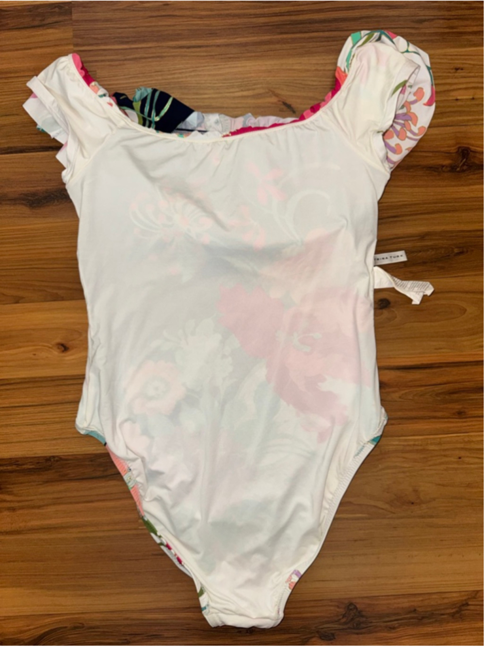 Trina Turk Floral Ruffle One Piece Swimsuit Tropical Resort Coastal Glam US 12 - Picture 6 of 7